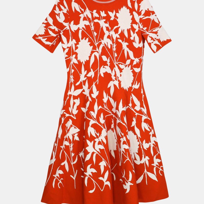 Oscar De La Renta Women's Orange / White Short Sleeve Floral Damask Fit-and-flare Dress