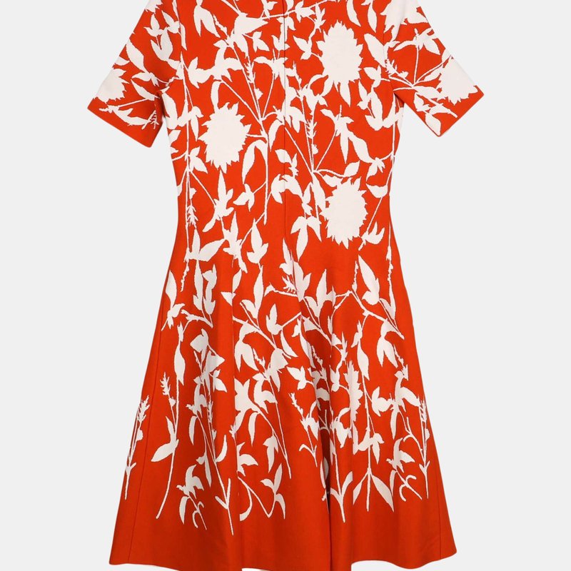 Shop Oscar De La Renta Women's Orange / White Short Sleeve Floral Damask Fit-and-flare Dress