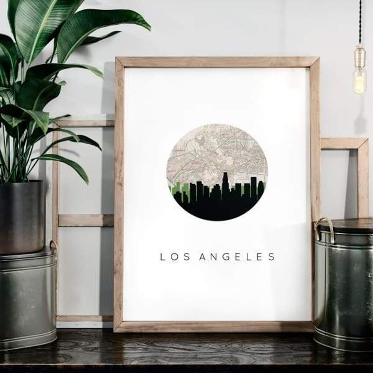 Los Angeles, California City Skyline With Vintage Los Angeles Map