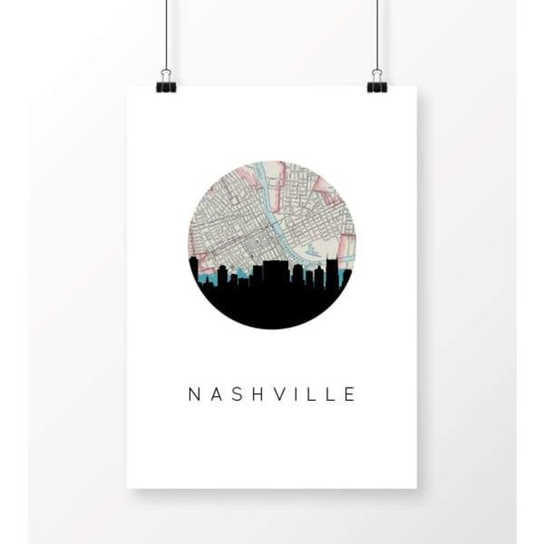 Nashville, Tennessee city skyline with vintage Nashville map