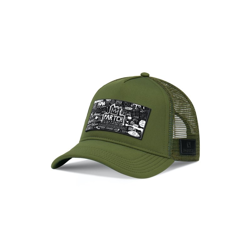 Partch Trucker Hat Kaki Removable Pop Love Black/white Art In Green
