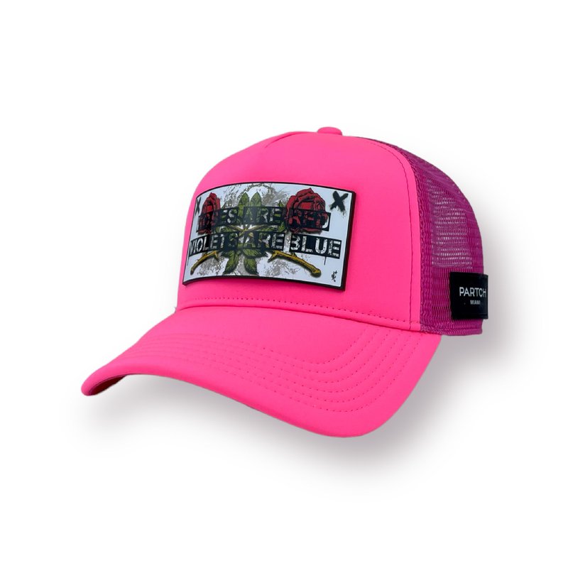 Partch Trucker Hat Pink Removable Roses Art