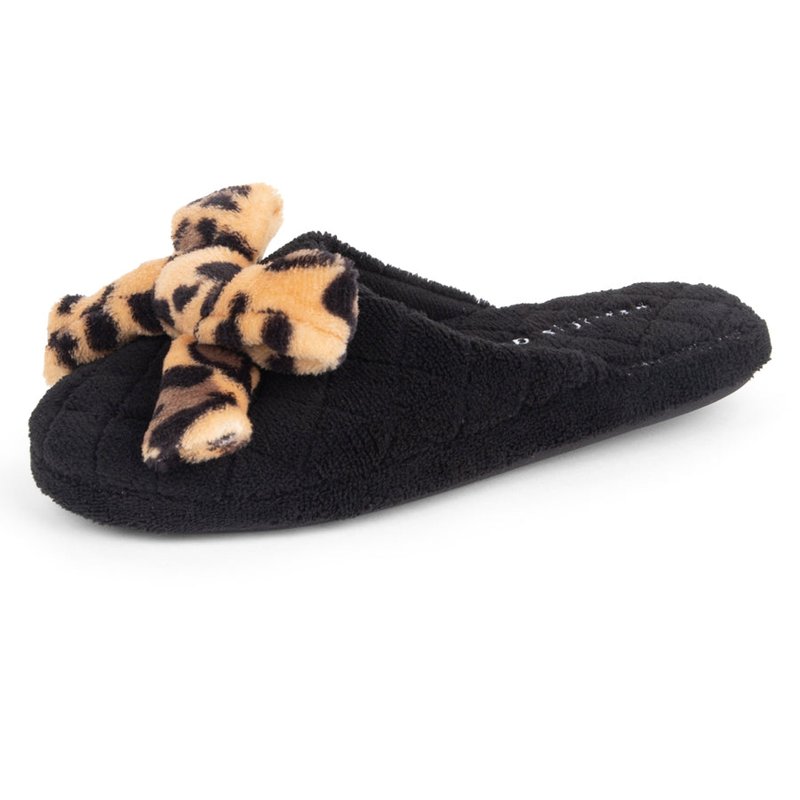 Patricia Green Bonnie Microterry Slipper In Black W/ Leopard Bow