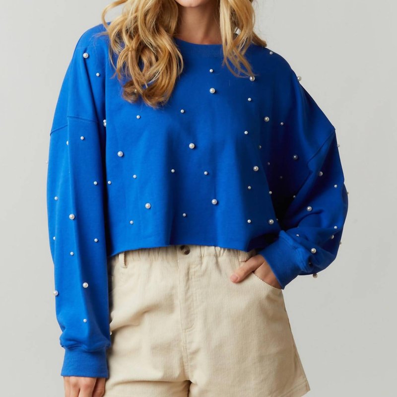 Shop Peach Love Cozy Pearl Studded Crop Sweatshirt In Blue