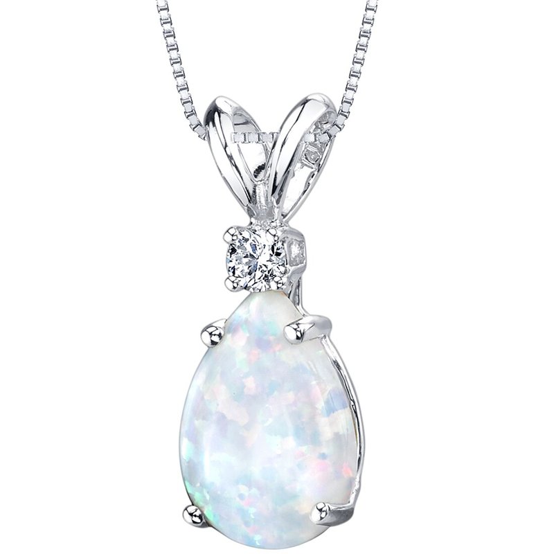 Peora 14 Karat White Gold Pear Shape Created Opal Diamond Pendant In Grey