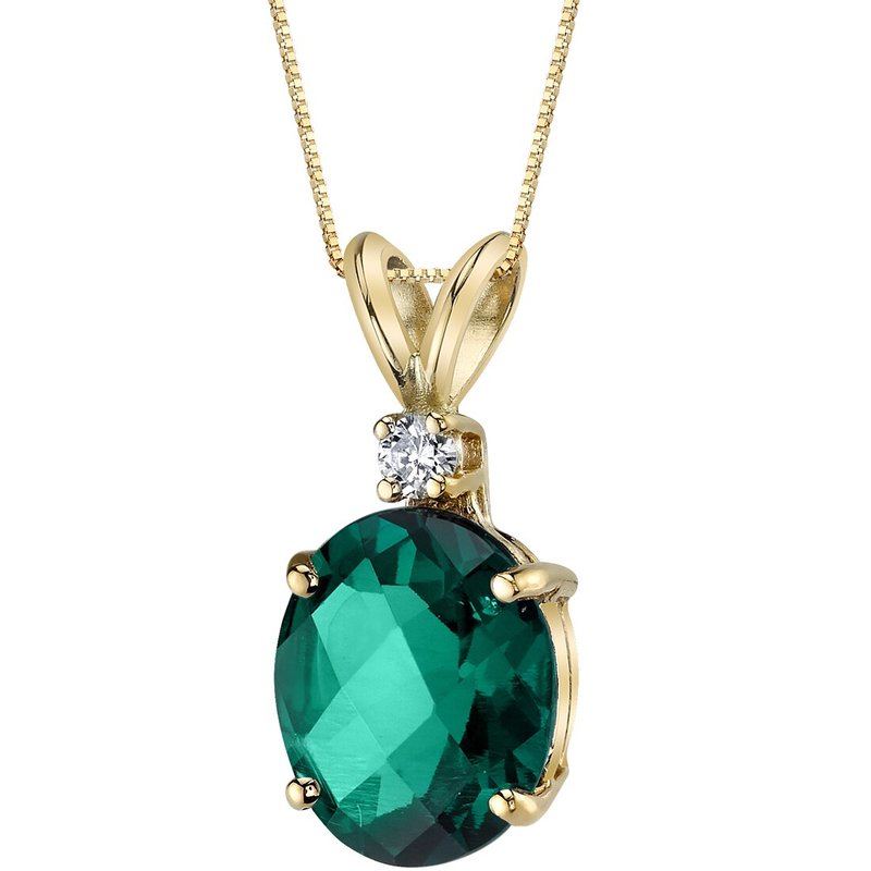 Peora 14 Karat Yellow Gold Oval Shape 2.50 Carats Created Emerald Diamond Pendant