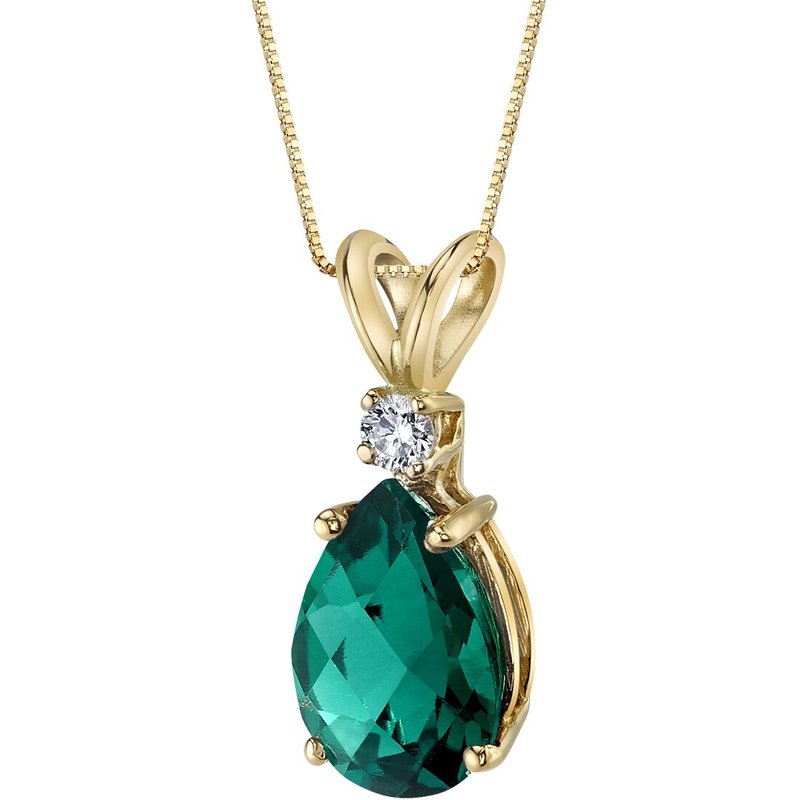 Peora 14 Karat Yellow Gold Pear Shape 1.75 Carats Created Emerald Diamond Pendant