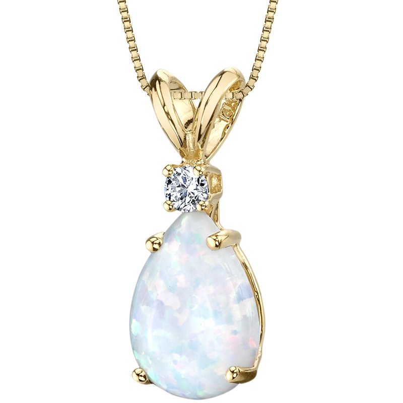 Peora 14 Karat Yellow Gold Pear Shape Created Opal Diamond Pendant