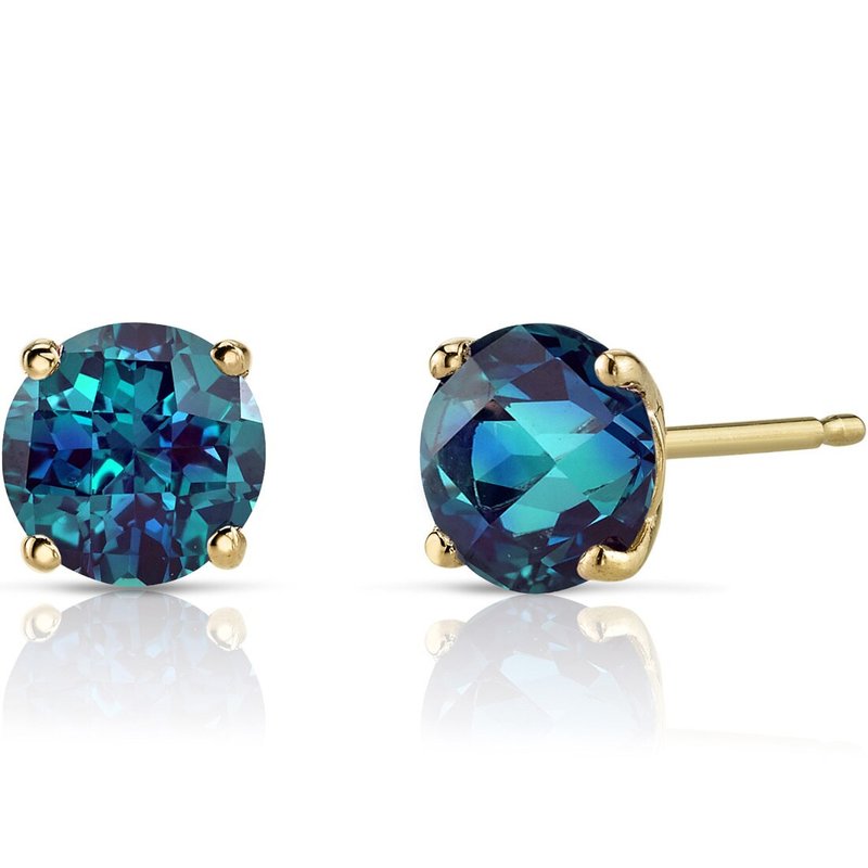 Peora 14k Yellow Gold Round Cut 2.00 Carats Created Alexandrite Stud Earrings
