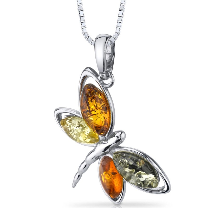 Peora Baltic Amber Butterfly Pendant Necklace Sterling Silver Multiple Colors In Grey