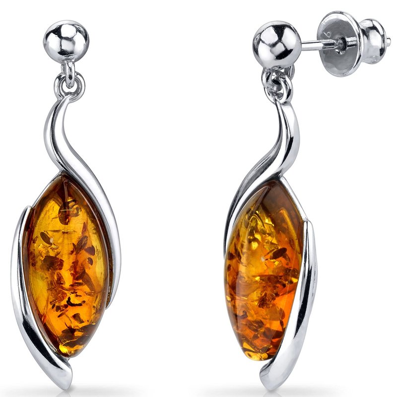 Peora Baltic Amber Earrings Sterling Silver Cognac Color Marquise In Grey