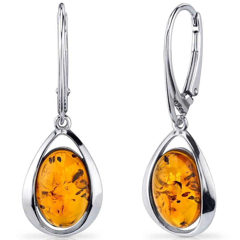 Peora Baltic Amber Earrings Sterling Silver Cognac Color Oval Shape In Grey
