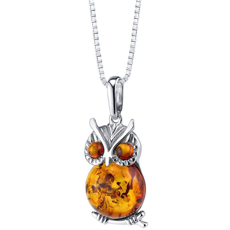 Peora Baltic Amber Owl Pendant Necklace Sterling Silver Multiple Color In Grey