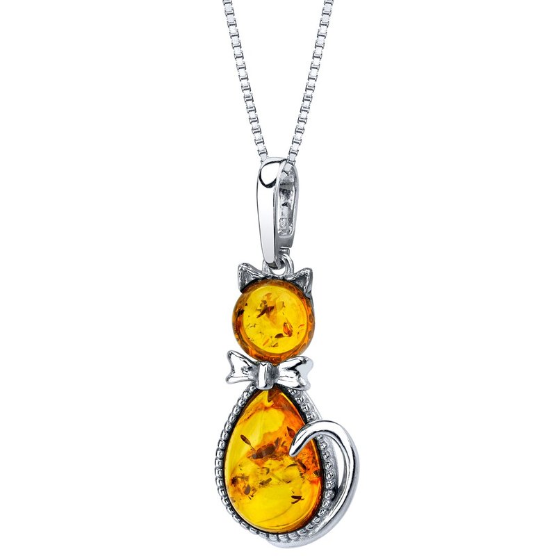 Peora Baltic Amber Sterling Silver Cat Pendant Necklace In Grey