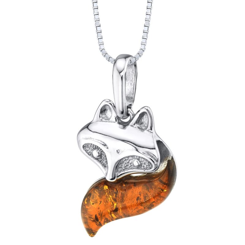 Peora Baltic Amber Sterling Silver Fox Pendant Necklace Cognac Color In Orange