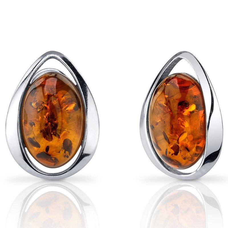 Peora Baltic Amber Stud Earrings Sterling Silver Cognac Color Oval In Grey