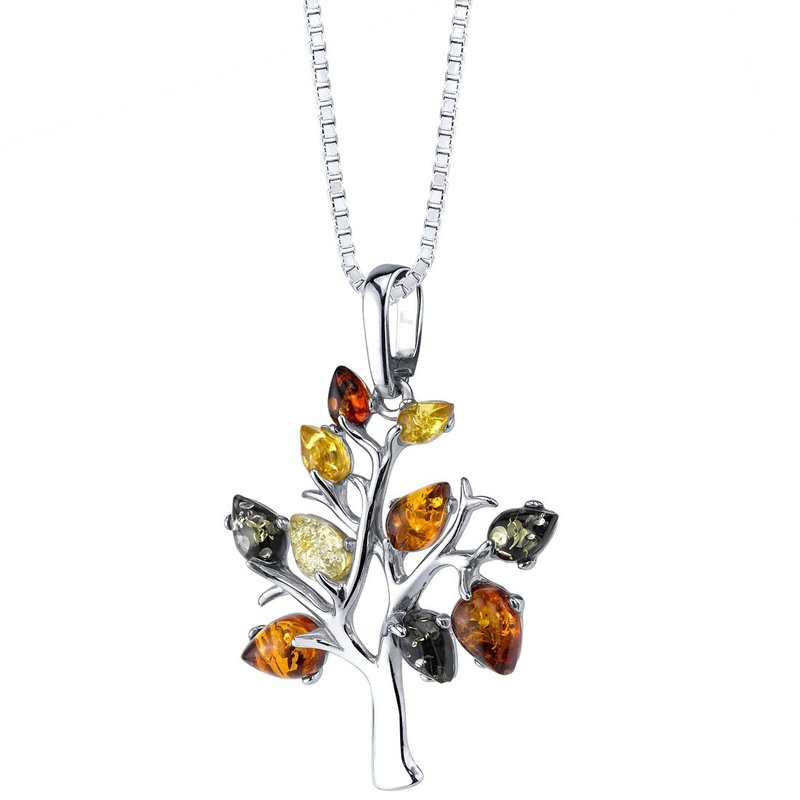 Peora Baltic Amber Tree Of Life Pendant Necklace Sterling Silver Multiple Colors In Grey