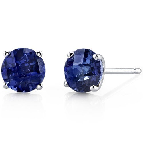 Peora Blue Sapphire Round Stud Earrings 14 Karat White Gold 2.25 Carats