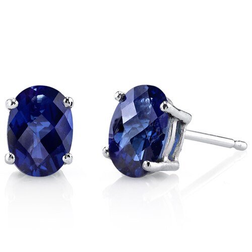 Peora Blue Sapphire Stud Earrings 14 Karat White Gold Oval 2 Carats