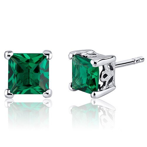 Peora Emerald Earrings Sterling Silver Princess Cut 2 Carats In Green