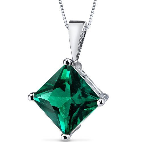 Peora Emerald Pendant Necklace 14 Karat White Gold Princess 2.2 Carats In Green