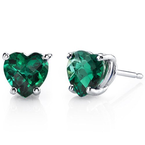 Peora Emerald Stud Earrings 14 Karat White Gold Heart Shape In Green