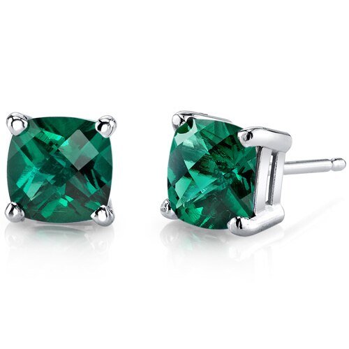Peora Emerald Stud Earrings 14 Kt White Gold Cushion Cut 1.75 Carats In Green