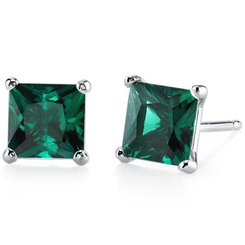 Peora Emerald Stud Earrings 14 Kt White Gold Princess Cut 2 Carats In Green
