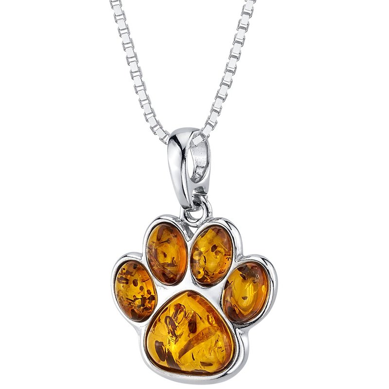 Peora Genuine Baltic Amber Paw Print Charm Pendant Necklace In Sterling Silver In Orange