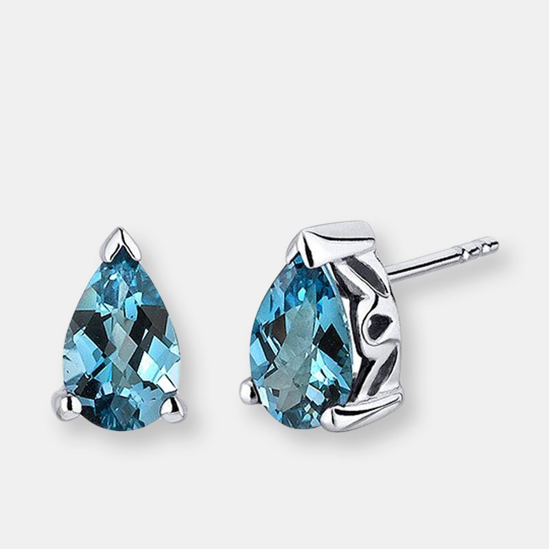 Peora London Blue Topaz Stud Earrings Sterling Silver Pear Cut 1.5 Ct In Grey