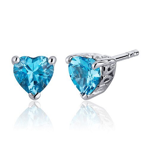 Peora Swiss Blue Topaz Stud Earrings Sterling Silver Heart Shape 2 Ct