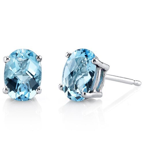 Peora Topaz Stud Earrings 14 Kt White Gold Oval 2 Carats In Blue
