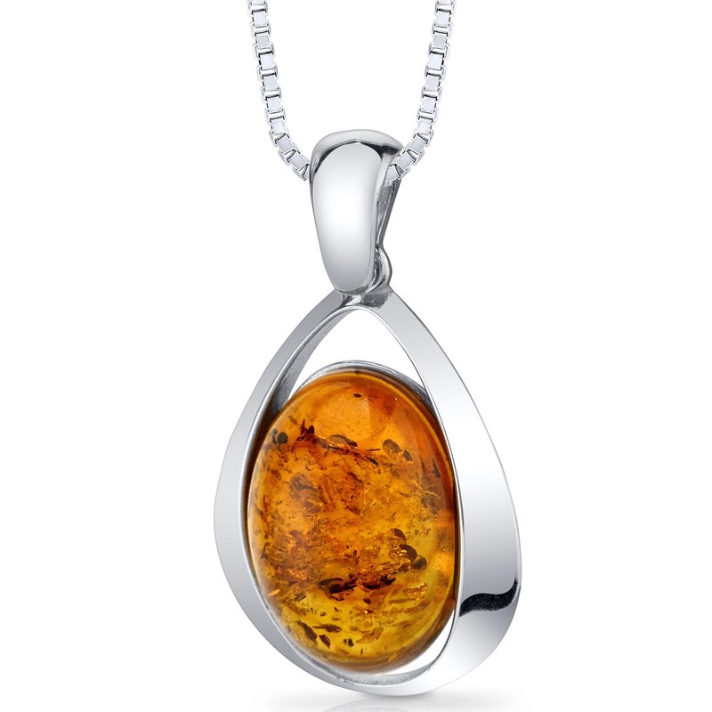 Péro Pero Amber Large Pendant Necklace Sterling Silver Cognac Oval In Grey