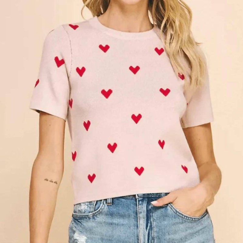 Pinch Heart Short Sleeve Sweater Top In Pink