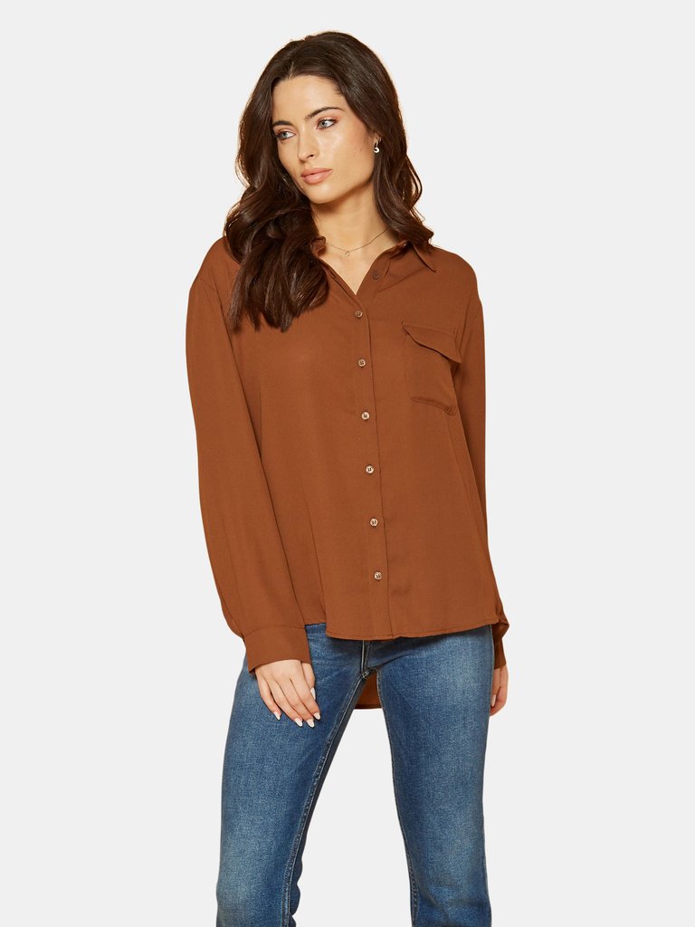 Pleione Solid Low Back Button Shirt - Brown