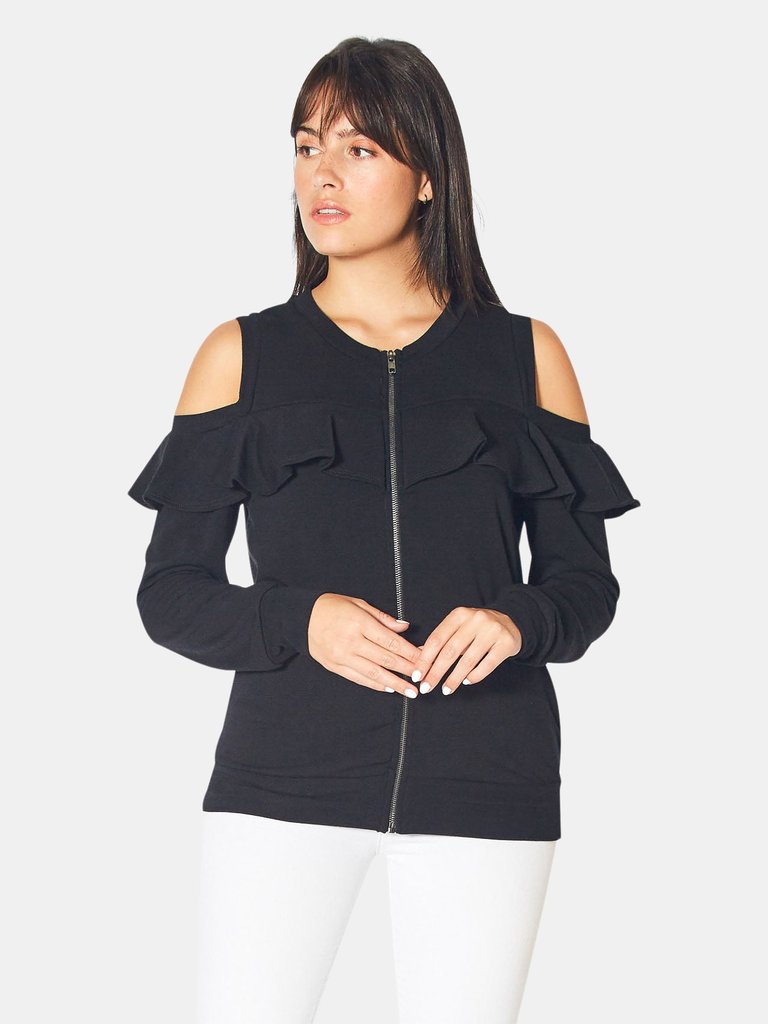 Ruffle Cold Shoulder Zip Front Sweatshirt in Black - Black
