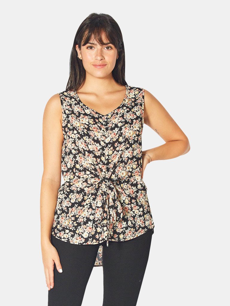 Sleeveless Knot Front Woven Top in Black Floral - Black floral
