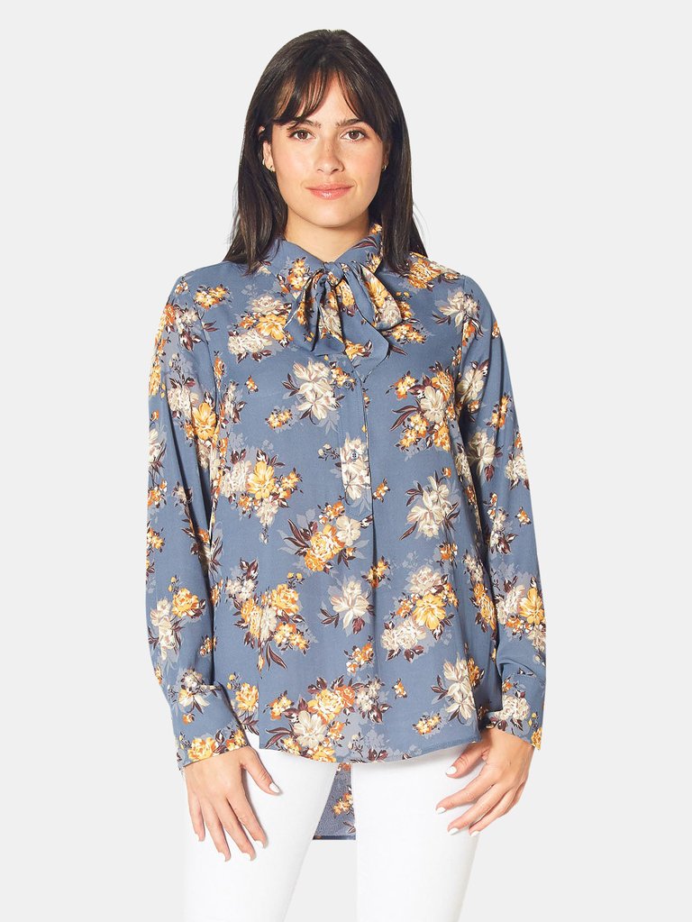 Tie Neck 3/4 Button Tunic in Dusty Blue Floral - Dusty blue floral