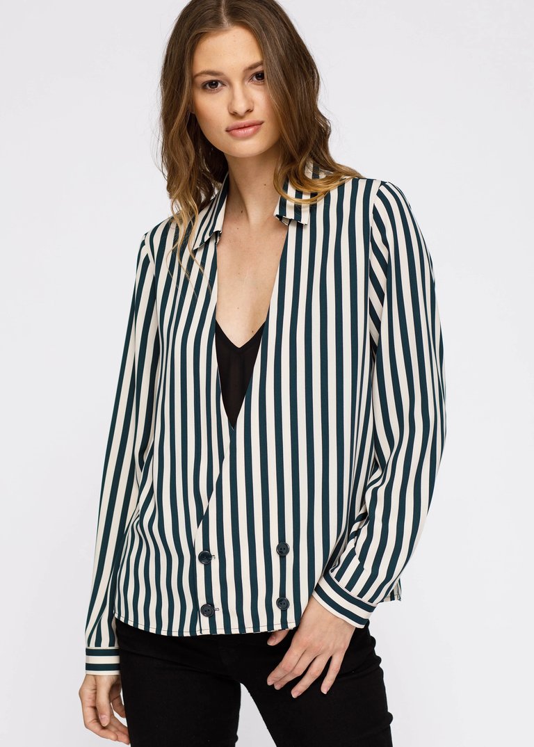 V-neck Button Down Stripe Shirt Blouse - Cream Green Stripe
