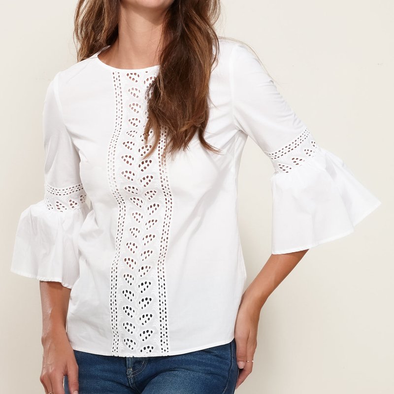Pleione Women's Bell Sleeve Lace Trim Cutout Top In White