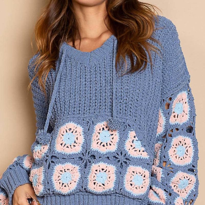 Shop Pol Cornflower Crochet Square Patch Hooded Pullover Sweater In Blue