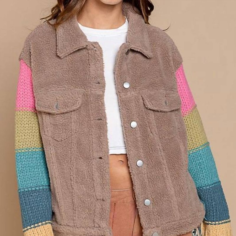 Shop Pol Teddy Trucker Jacket In Colorblock In Brown