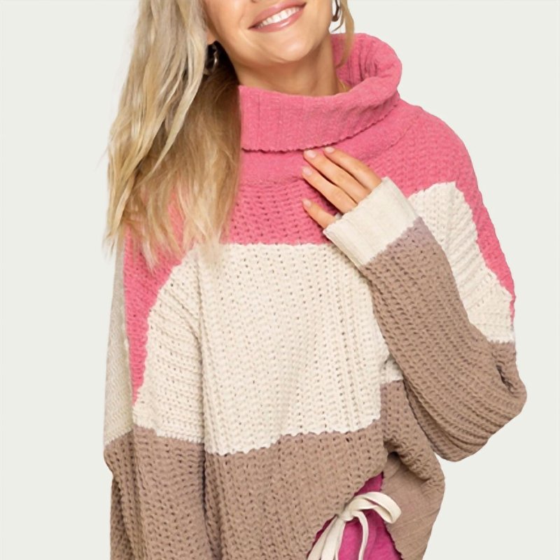 Pol Textured Colorblock Turtleneck Sweater In Pink