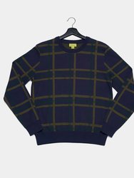 Crew Neck Multicolored Jacquard Knit Sweater With Highland Plaid Pattern
