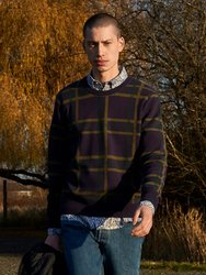 Crew Neck Multicolored Jacquard Knit Sweater With Highland Plaid Pattern