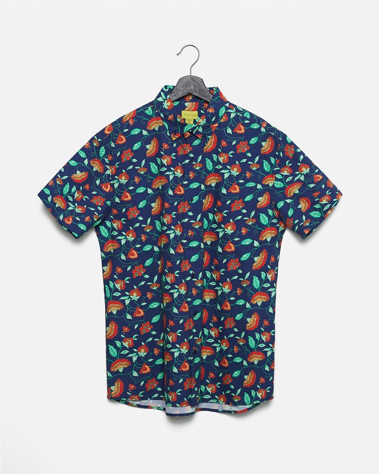 Vintage Floral Printed Casual Button Down Short Sleeve Shirt