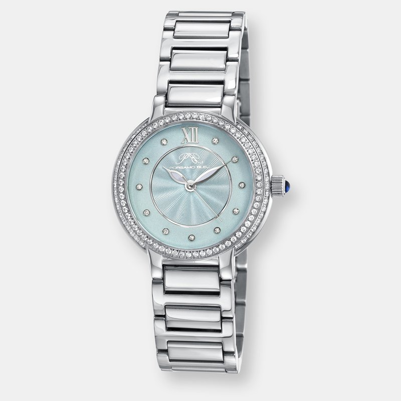 Porsamo Bleu Stella Women's Silver Tone Crystal Watch With Baby Blue Guilloche-sunray Dial In Grey