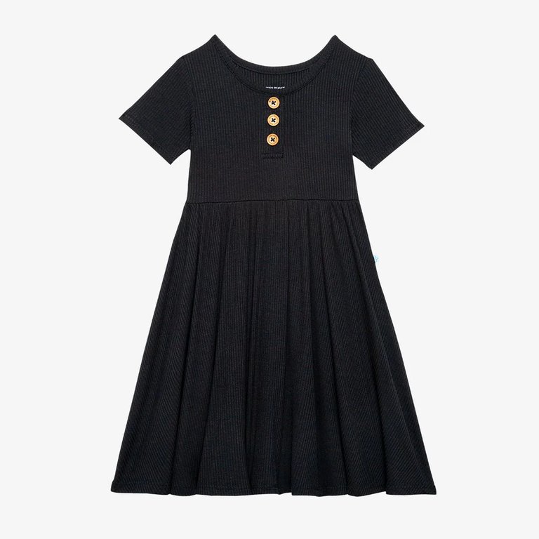 Black Ribbed Short Sleeve Henley Twirl Dress - Black