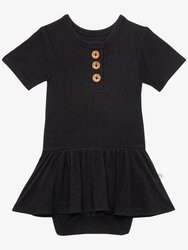 Black Ribbed Short Sleeve Henley Twirl Skirt Bodysuit