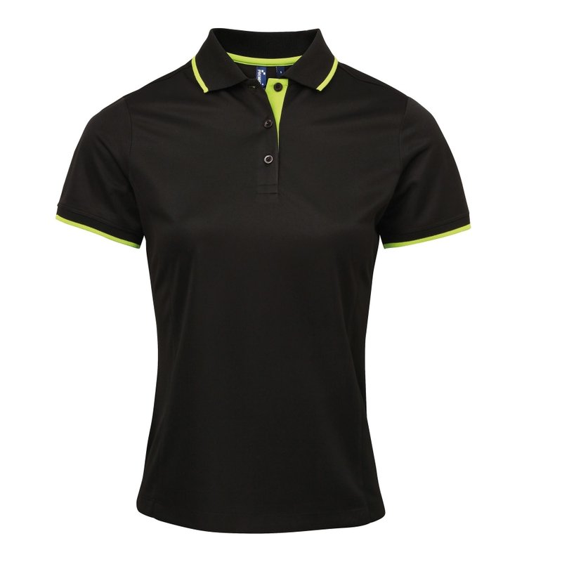 Premier Womens/ladies Contrast Coolchecker Polo Shirt (black/lime)